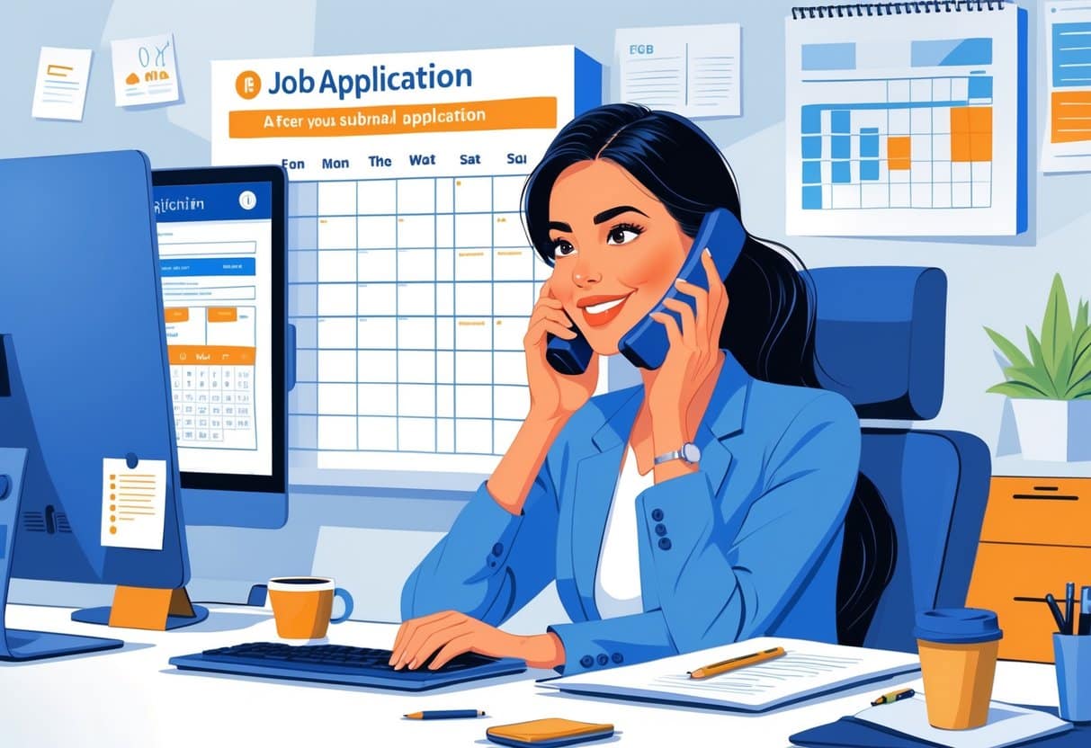 Does Calling a Job After Applying Help You Stand Out in 2025? 3 A young woman talking on the phone at a desk with a computer and calendar, appearing engaged and professional.