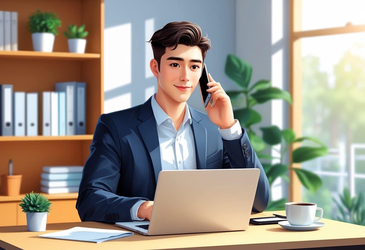 Does Calling a Job After Applying Help You Stand Out in 2025? 4 A young man in an office making a polite phone call while sitting at a desk with a laptop.