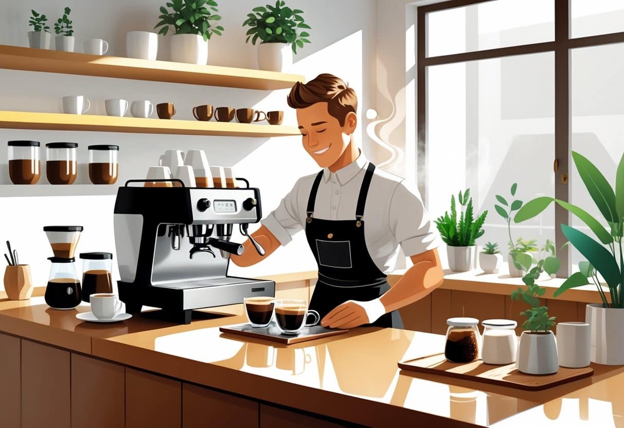 A barista preparing coffee at a café counter surrounded by coffee tools and a warm, organized coffee shop interior.