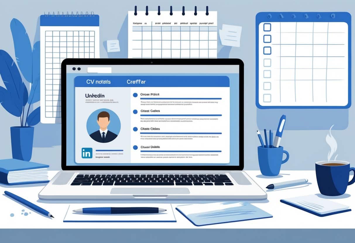 Personal Details on a CV: Essential Inclusions, Common Mistakes, and Formatting Tips With Examples 3 A tidy workspace with a laptop showing a CV layout, surrounded by office supplies and a calendar, suggesting careful preparation of personal details for a resume.