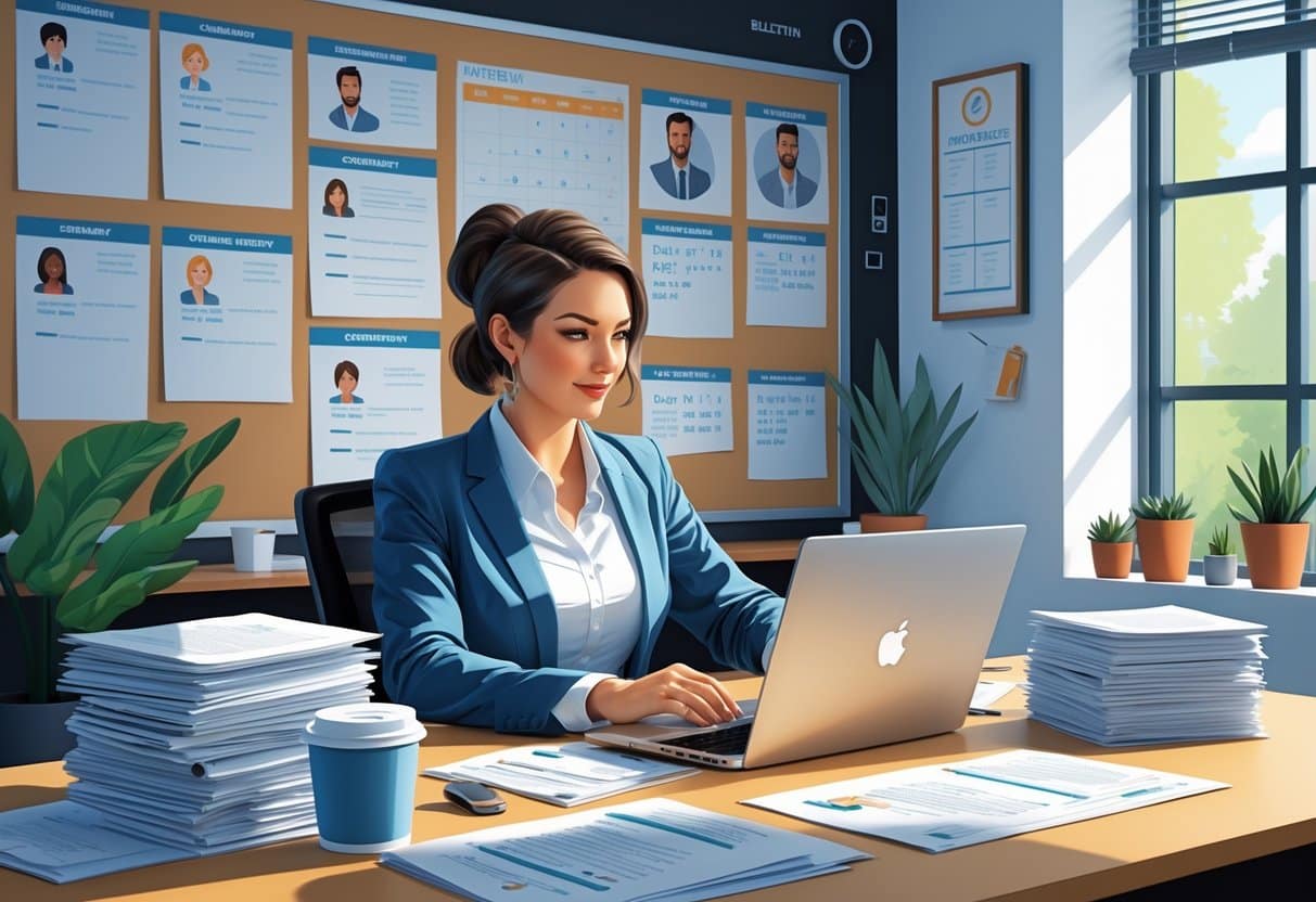 A recruiting coordinator working at a desk with a laptop, papers, and a bulletin board with candidate profiles and schedules in an office.