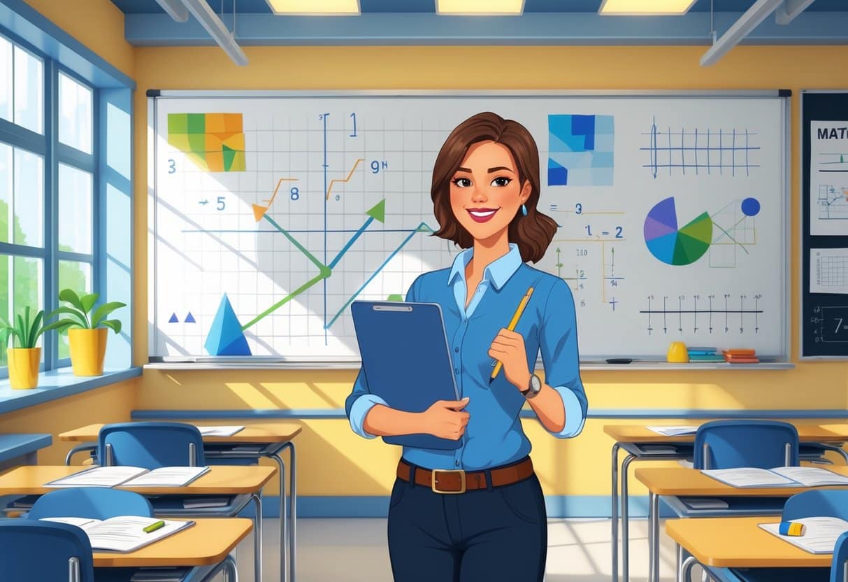 13 Math Teacher Resume Examples & Guide for 2025: Templates, Skills, and Writing Tips 1 A math teacher standing in a classroom with a whiteboard full of math formulas and students' desks.