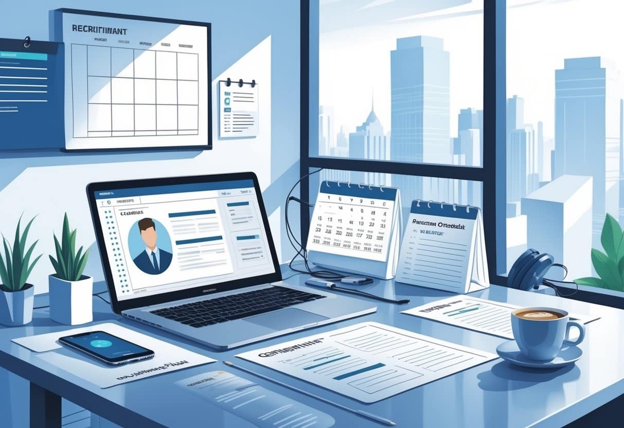A modern office workspace with a laptop, calendar, and office supplies representing recruiting coordination tasks.