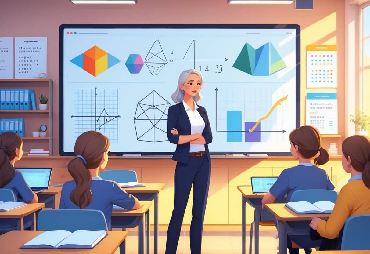 13 Math Teacher Resume Examples & Guide for 2025: Templates, Skills, and Writing Tips 2 A math teacher standing next to a digital whiteboard with math formulas, teaching attentive students in a bright classroom.
