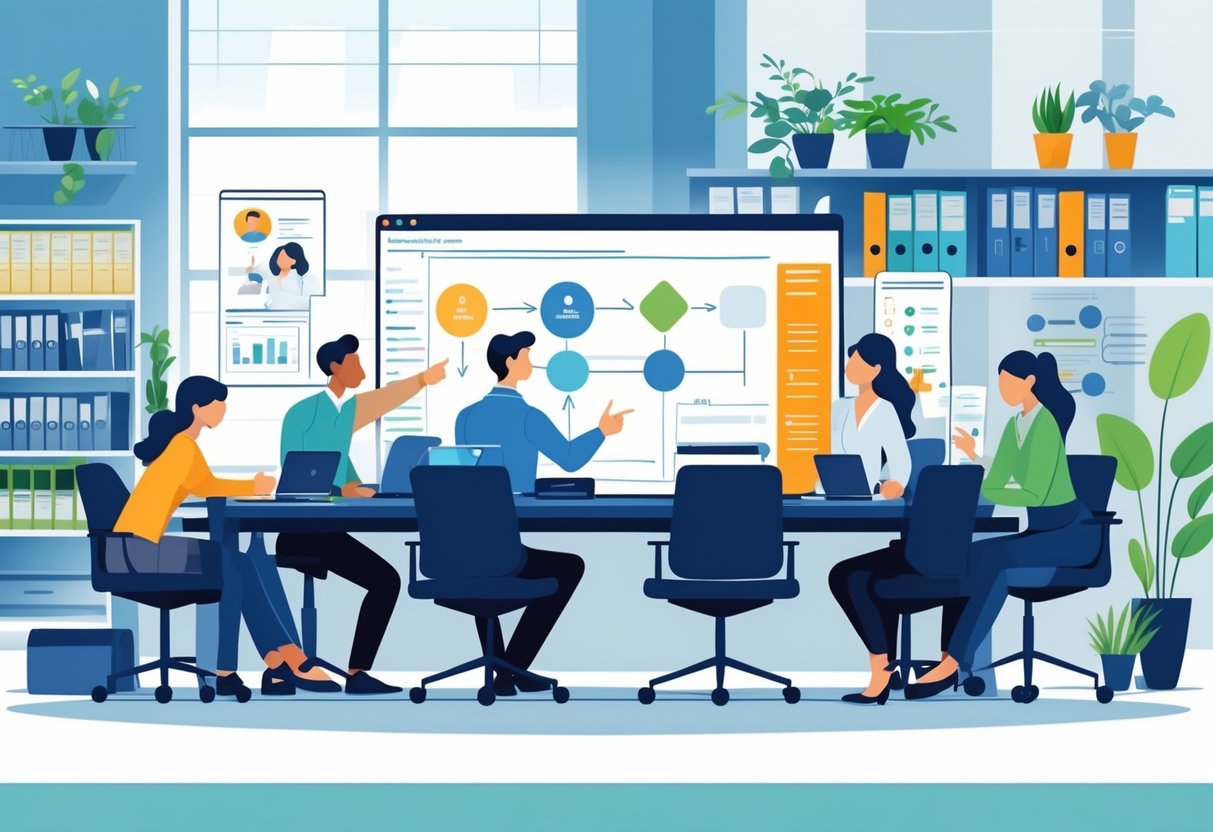 A group of professionals collaborating around a desk with laptops and documents in a bright office setting.