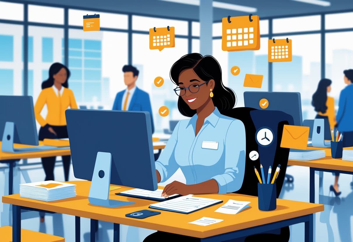 A recruiting coordinator working at a desk with a computer and documents in a modern office environment.