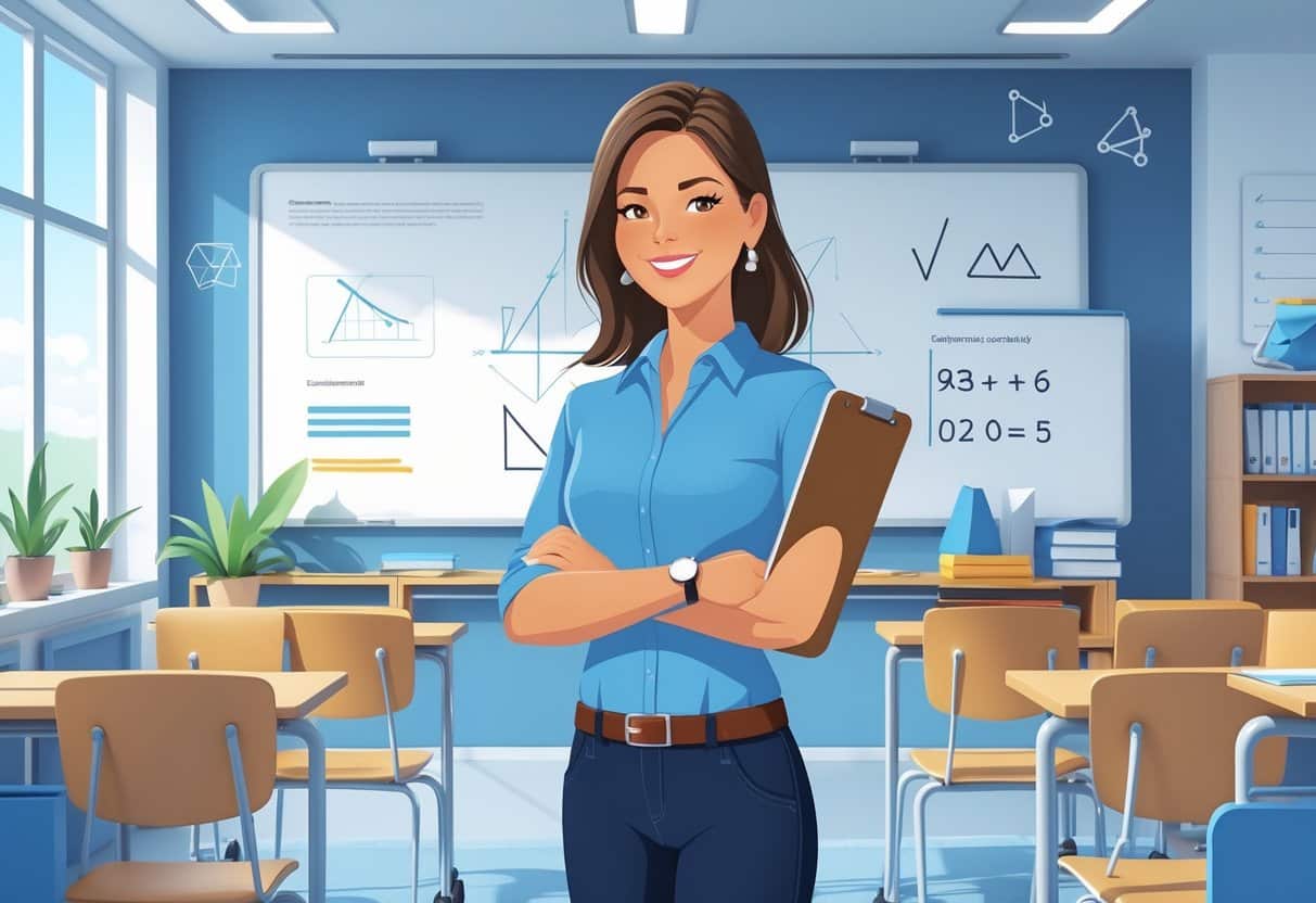 13 Math Teacher Resume Examples & Guide for 2025: Templates, Skills, and Writing Tips 3 A math teacher holding a clipboard in a classroom with math symbols on a whiteboard behind them.
