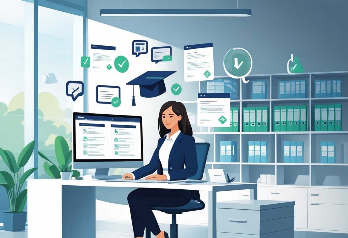 A recruiting coordinator working at a desk surrounded by icons representing education and certifications in a bright office setting.