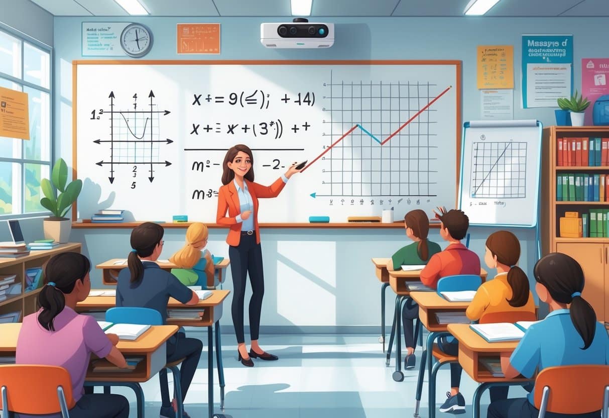 13 Math Teacher Resume Examples & Guide for 2025: Templates, Skills, and Writing Tips 4 A math teacher explaining equations on a whiteboard to attentive students in a bright classroom.