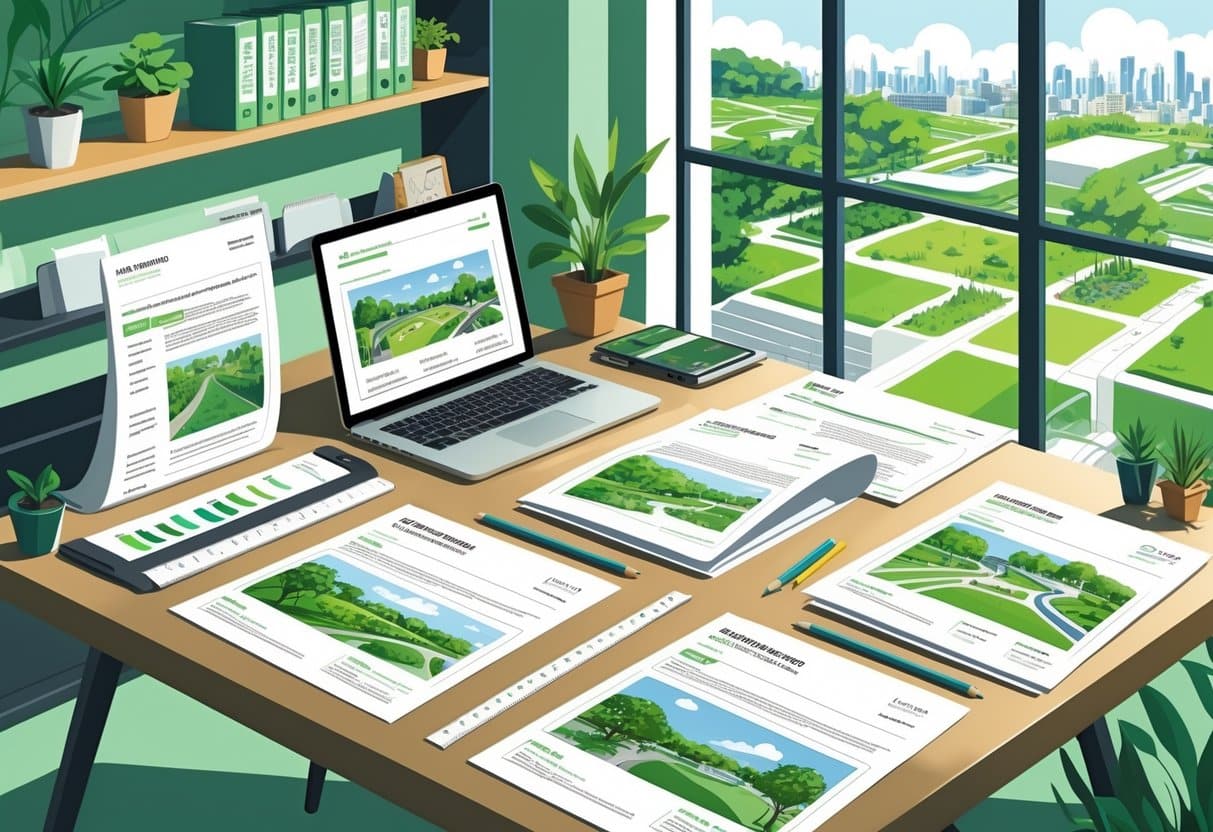 9 Landscape Architect Resume Examples & Guide for 2025: Templates, Skills, and Expert Tips 1 A workspace with resumes, design tools, and landscape architecture plans near a window overlooking a city with green rooftops and parks.
