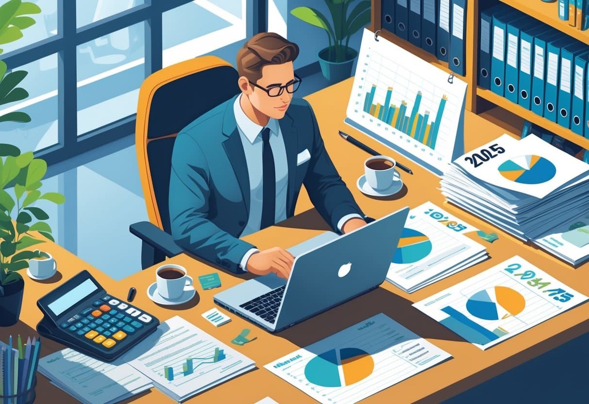 7 Tax Accountant Resume Examples & Guide for 2025: Templates, Skills, and Writing Tips 1 A tax accountant working at a desk with financial documents, a laptop showing charts, a calculator, and office supplies in a modern office setting.