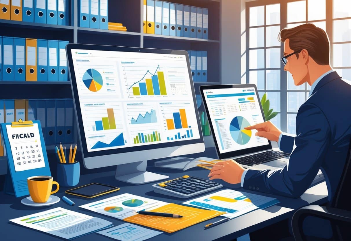 7 Tax Accountant Resume Examples & Guide for 2025: Templates, Skills, and Writing Tips 2 A tax accountant reviewing tax documents and financial data at a desk filled with paperwork and a laptop in a professional office setting.