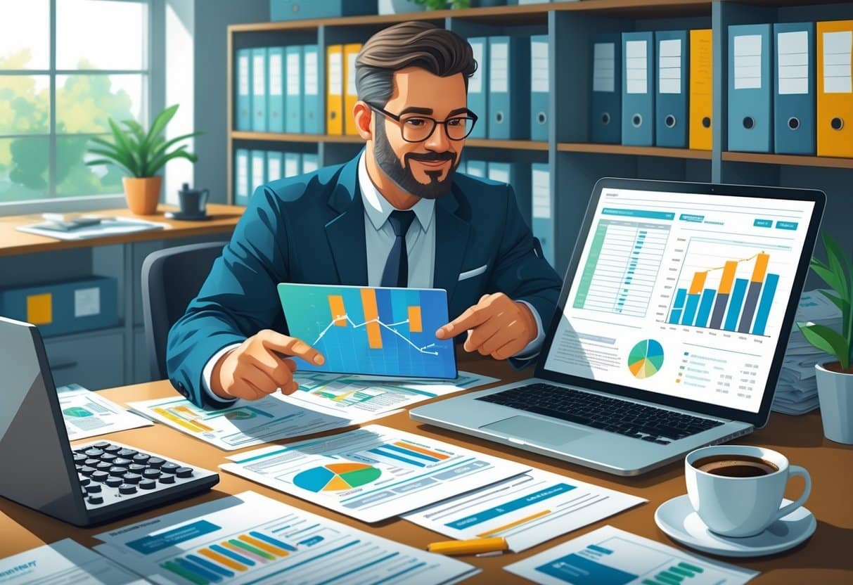 7 Tax Accountant Resume Examples & Guide for 2025: Templates, Skills, and Writing Tips 4 A tax accountant working with financial documents and a client in an office setting.