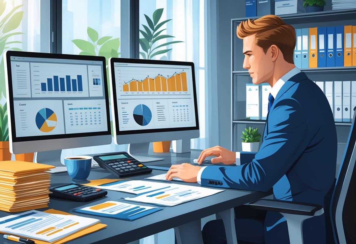 7 Tax Accountant Resume Examples & Guide for 2025: Templates, Skills, and Writing Tips 5 A tax accountant working at a desk with computers, documents, and office supplies in a well-organized workspace.
