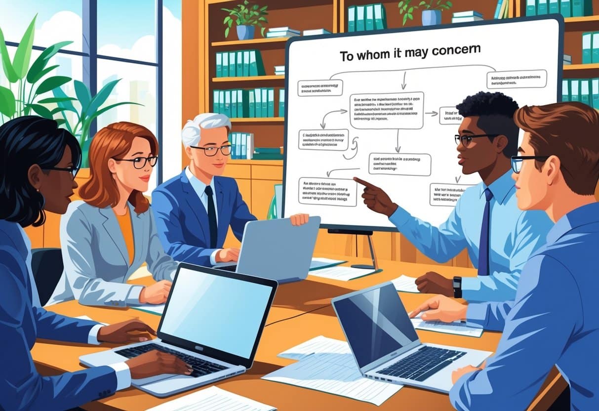 10 Effective Alternatives to "To Whom It May Concern" for Formal Correspondence 2 A group of office workers collaborating around a conference table with laptops and documents in a bright office.