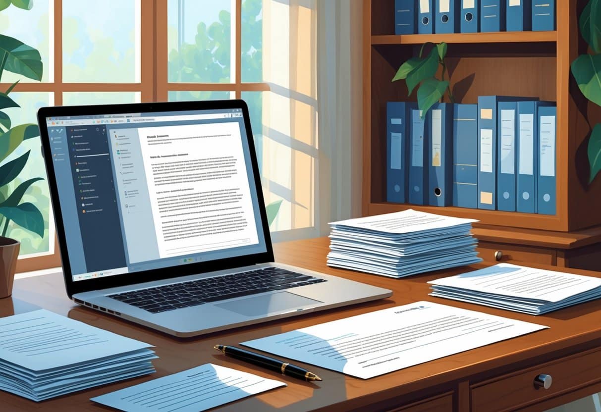10 Effective Alternatives to "To Whom It May Concern" for Formal Correspondence 3 A tidy office desk with an open laptop, printed letters, and a pen, set against a bookshelf filled with books.