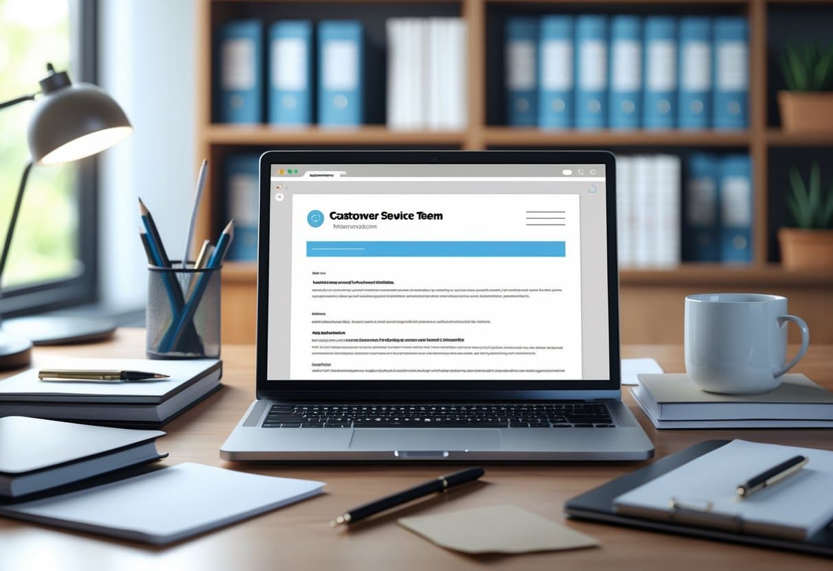 10 Effective Alternatives to "To Whom It May Concern" for Formal Correspondence 5 A tidy office desk with a laptop showing an email draft, surrounded by stationery and a coffee cup, with a bookshelf in the background.