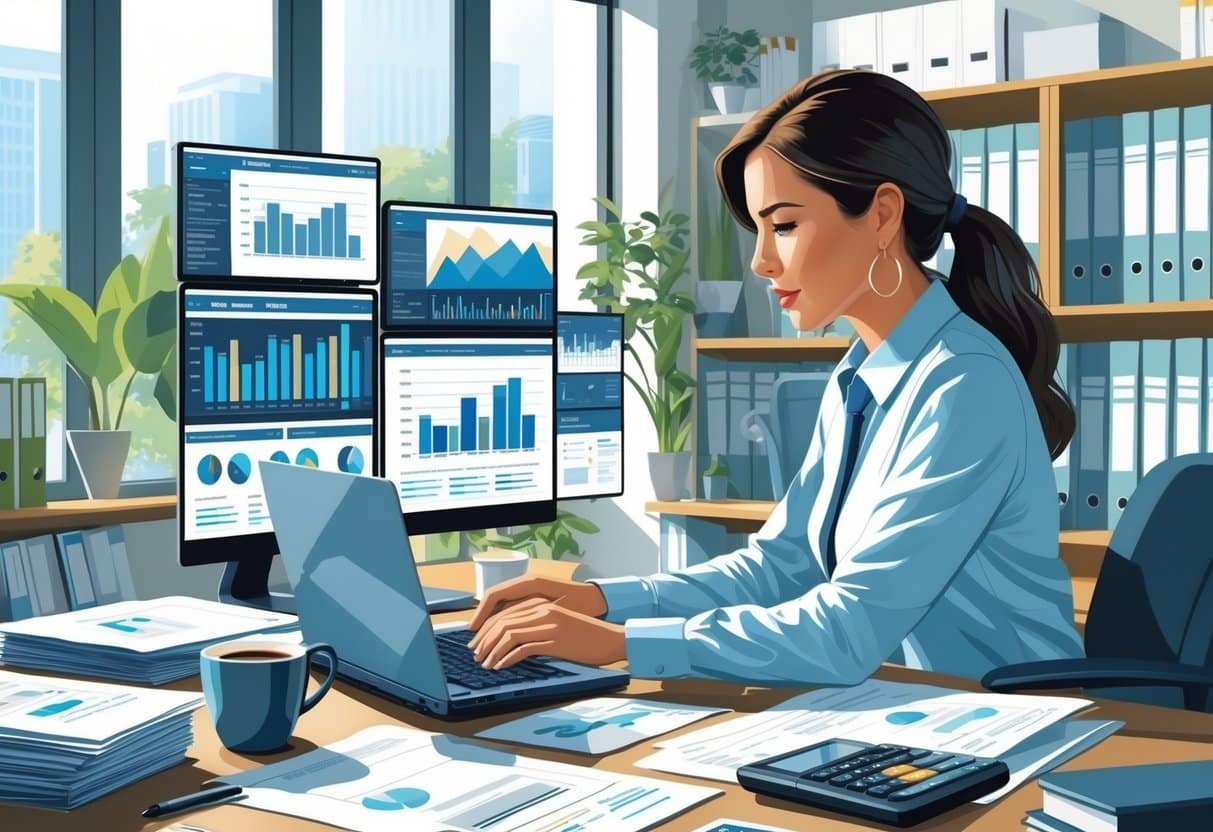 15 Loan Processor Resume Examples & Guide for 2025: Build a Standout Application 3 A loan processor working at a desk with multiple screens and paperwork in a bright office.