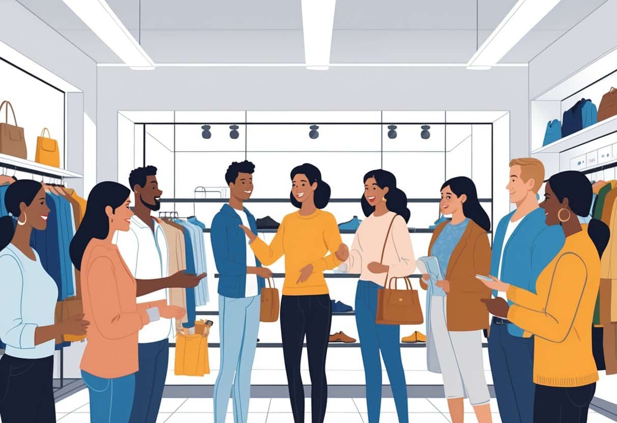 5 Clothing Store Sales Associate Resume Examples & Guide for 2025: Templates, Tips, and Writing Advice 3 A clothing store sales associate helping customers by showing clothing options in a bright, organized retail setting.
