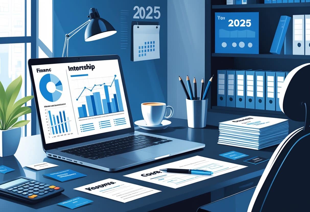 A modern office desk with a laptop showing financial charts, resume papers, and office supplies in a bright workspace.