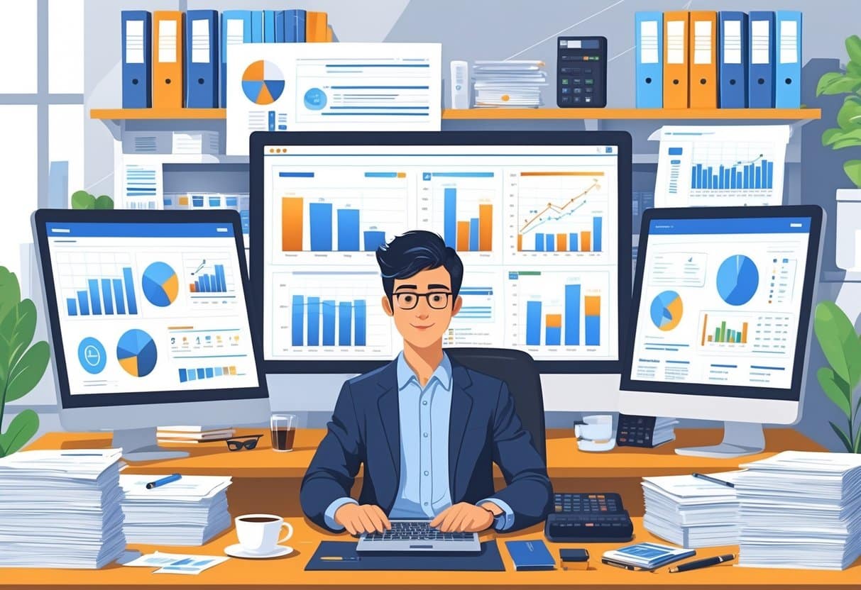 A young finance intern working at a desk with multiple monitors showing financial data in a bright office.