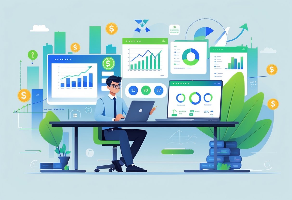 A young professional reviewing financial documents and charts at a modern desk with icons representing finance concepts around them.