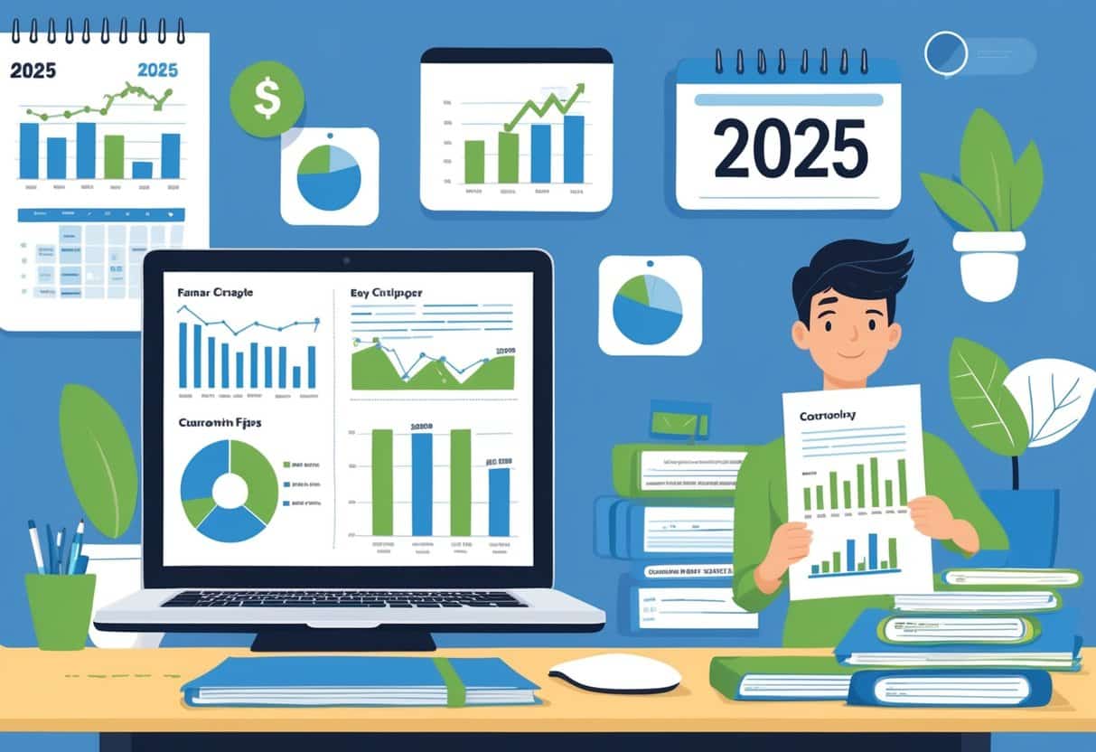 A young professional reviewing finance coursework and resume materials at a desk with a laptop showing financial charts, surrounded by finance-related icons and a calendar displaying the year 2025.