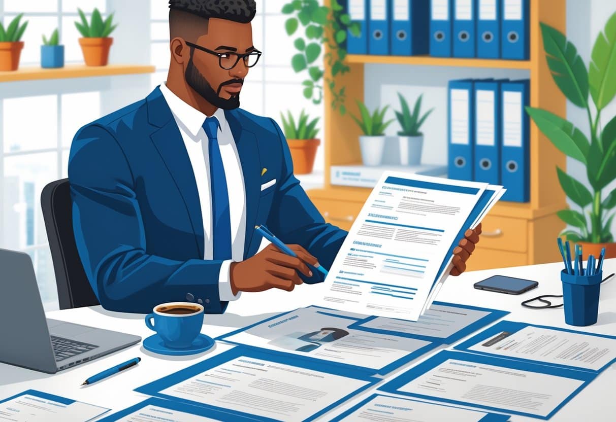 A sales manager reviewing resumes at a desk in a modern office.
