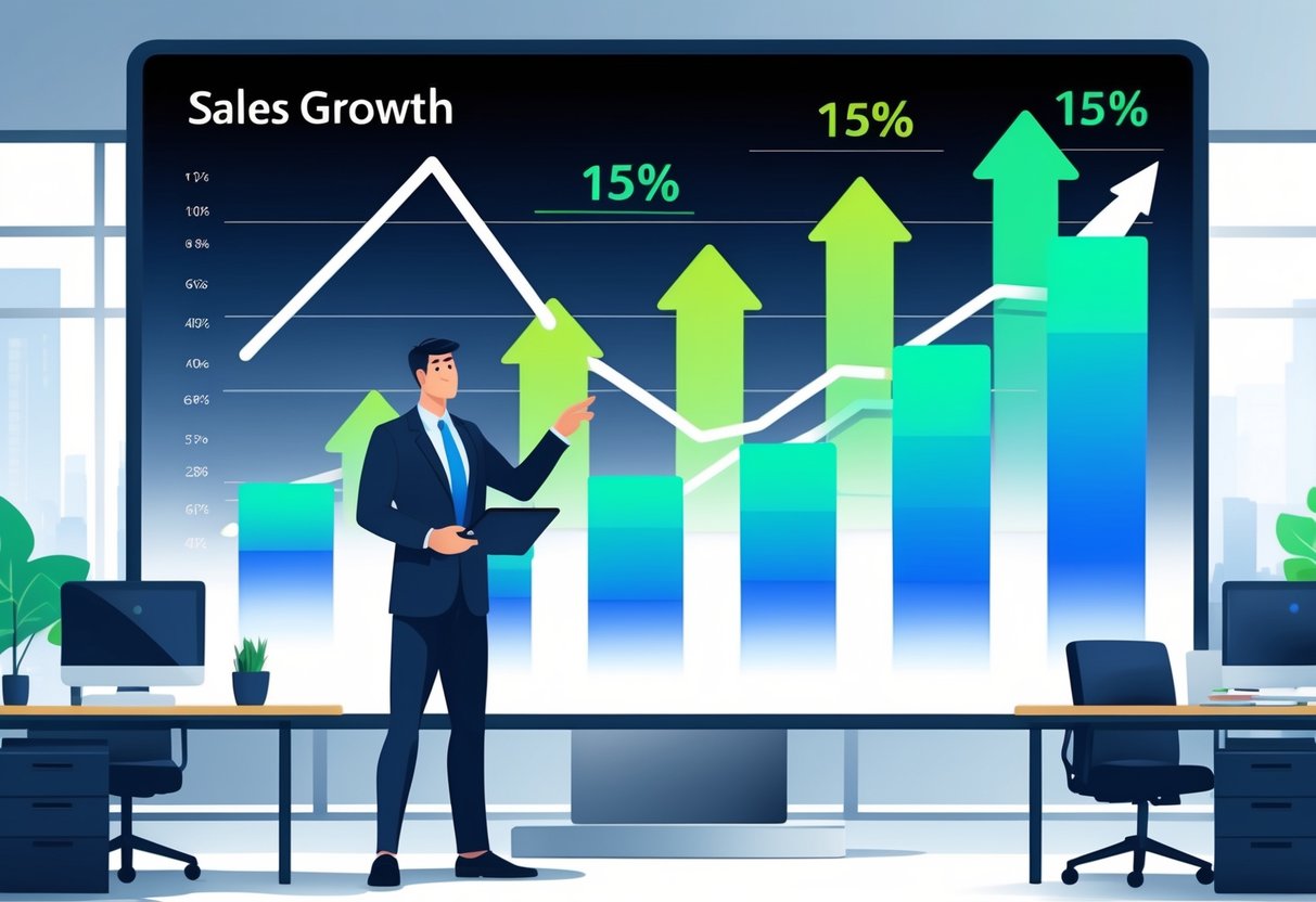 A sales manager in a modern office pointing at digital graphs showing sales growth percentages on a large screen.