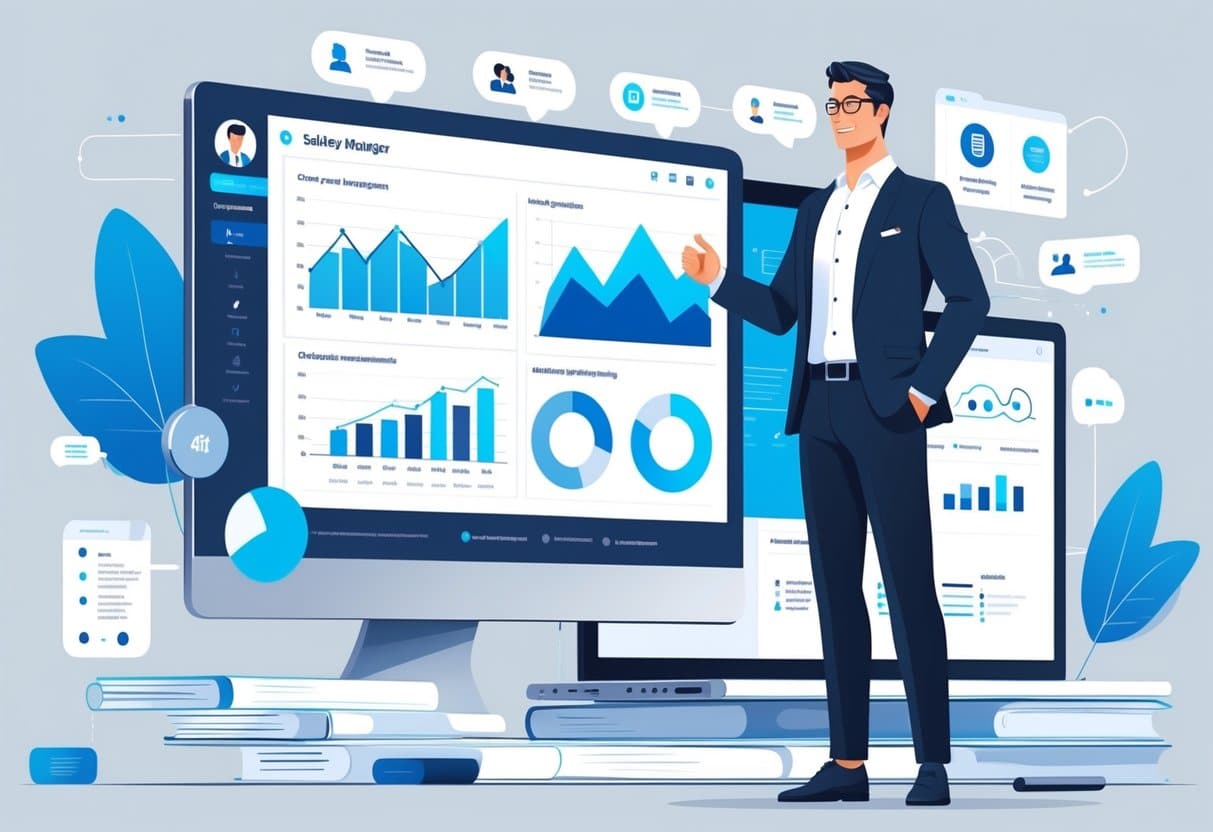 A sales manager standing next to a digital dashboard with charts and icons representing key sales skills in a modern office workspace.