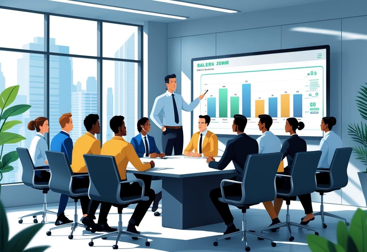 A sales manager leading a diverse team in a conference room, with team members engaged in discussion and reviewing sales data on a large screen.