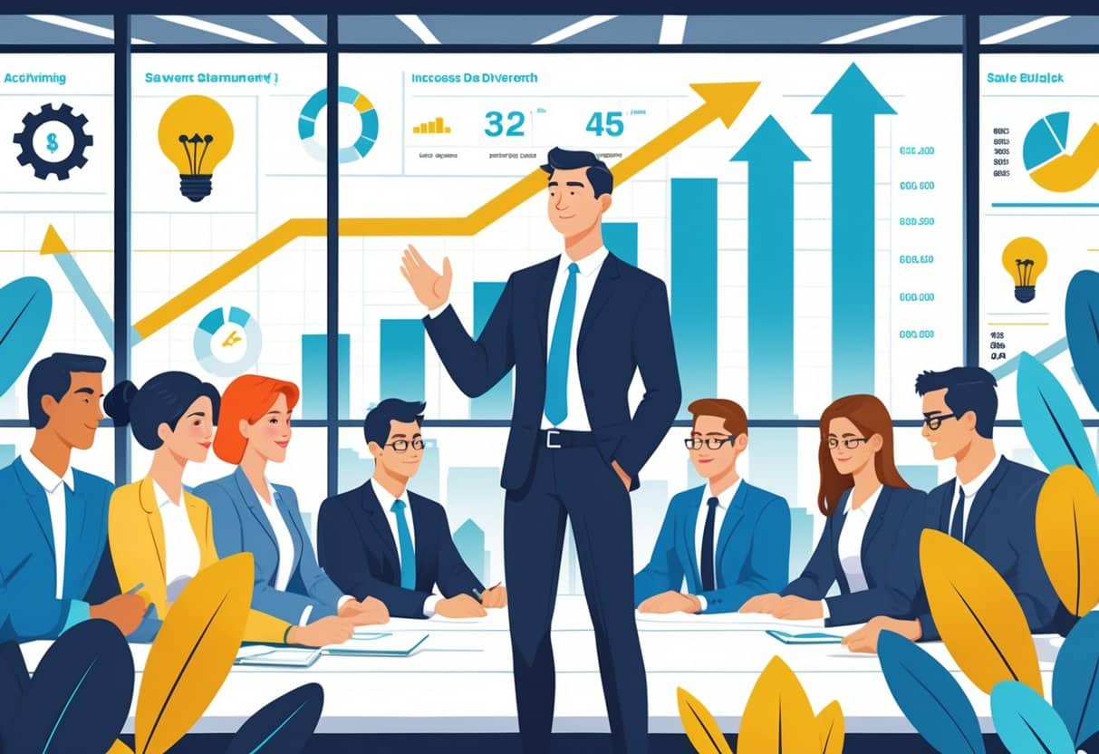 A sales manager leading a team meeting with colleagues around a table, with charts showing growth and symbols of success in the background.