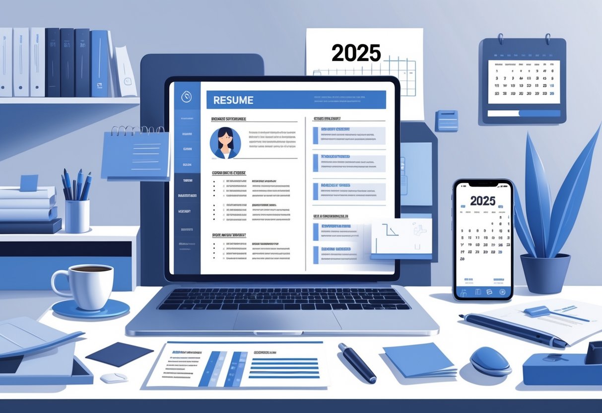 15 US Resume Examples & Guide for 2025: Best Formats, Tips, and Templates 2 A modern workspace with a laptop showing a resume layout, surrounded by papers, coffee, and office supplies, with a calendar indicating the year 2025.