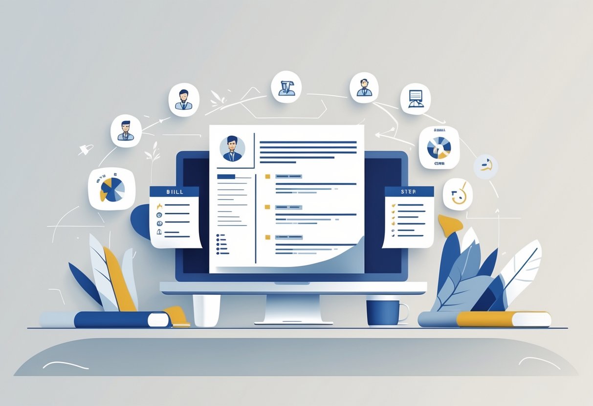 15 US Resume Examples & Guide for 2025: Best Formats, Tips, and Templates 4 A modern workspace with a laptop showing a resume layout surrounded by icons representing different skills and achievements.