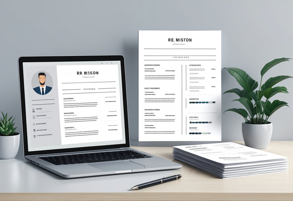 Minimalist Resume Templates -RoboApply: Clean Designs for Modern Job Seekers 1 A modern workspace with a laptop displaying a clean resume layout, printed resume pages, a pen, and a small plant on a light wooden desk.