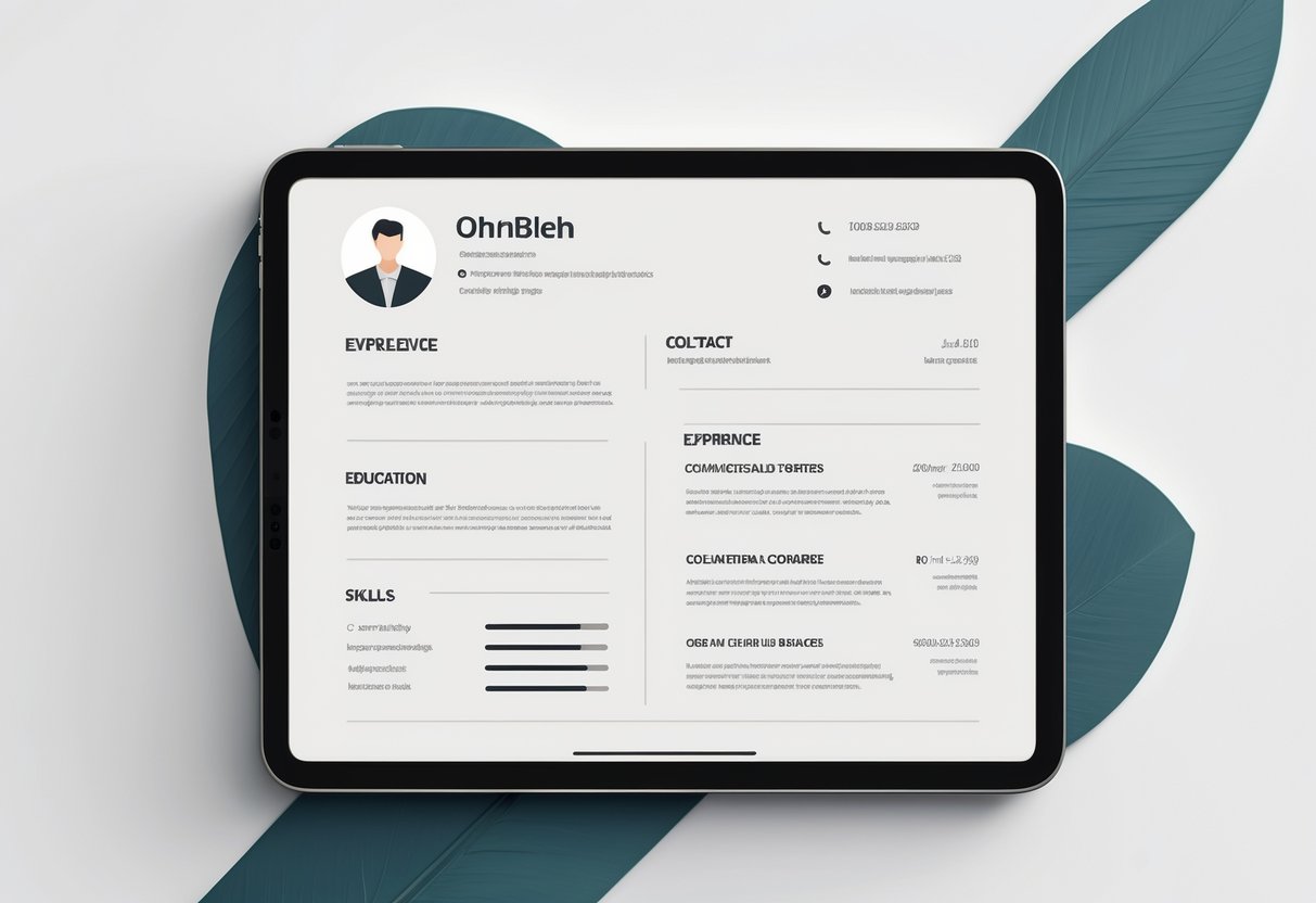 Minimalist Resume Templates -RoboApply: Clean Designs for Modern Job Seekers 3 A clean and organized resume layout displayed on a digital device screen with sections for profile, experience, education, and skills.