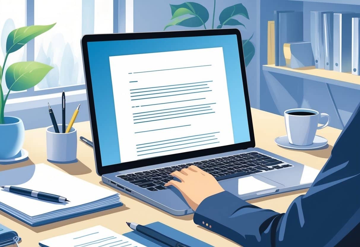 Do You Indent Paragraphs In A Cover Letter? Formatting Guidelines for Job Applications 2 A workspace with a laptop showing a cover letter with paragraphs aligned left without indentation, surrounded by writing tools and office items.