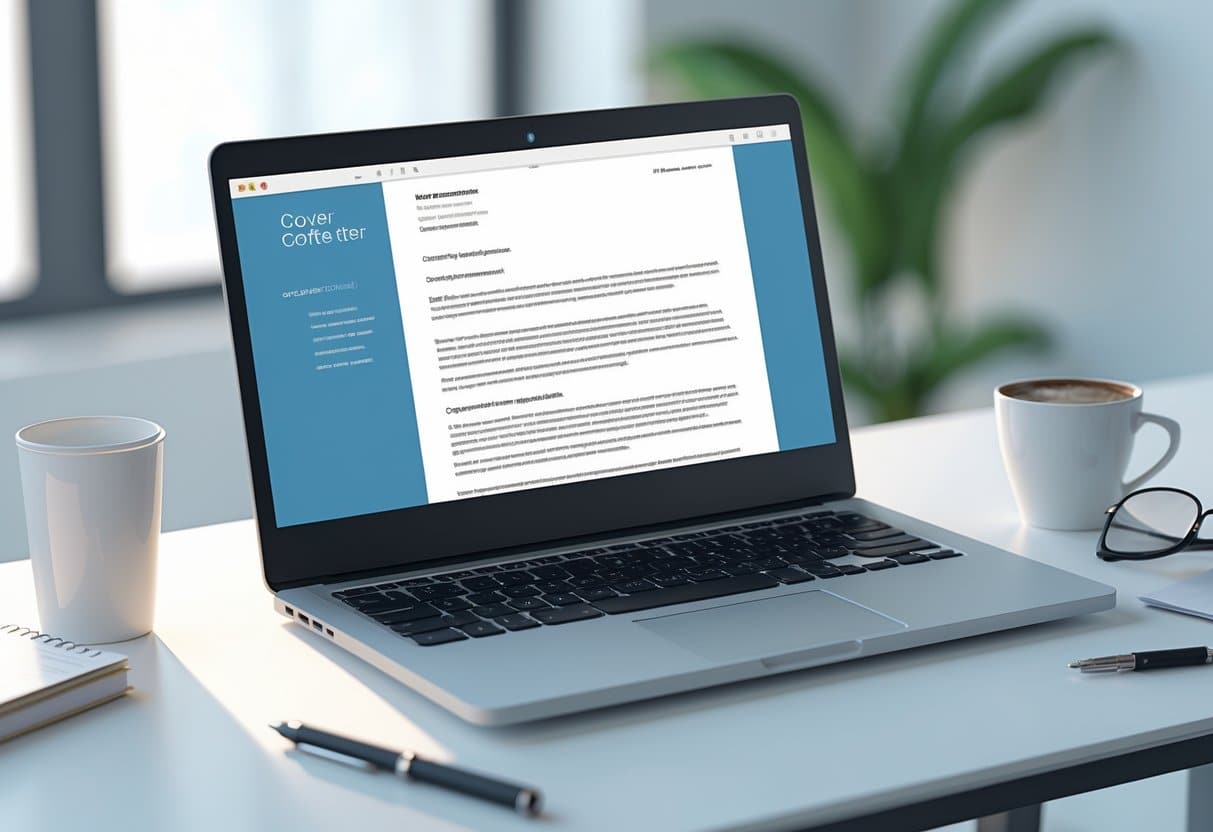 Do You Indent Paragraphs In A Cover Letter? Formatting Guidelines for Job Applications 3 A workspace with a laptop displaying a cover letter that has separate paragraphs spaced apart without indentation, surrounded by office supplies.