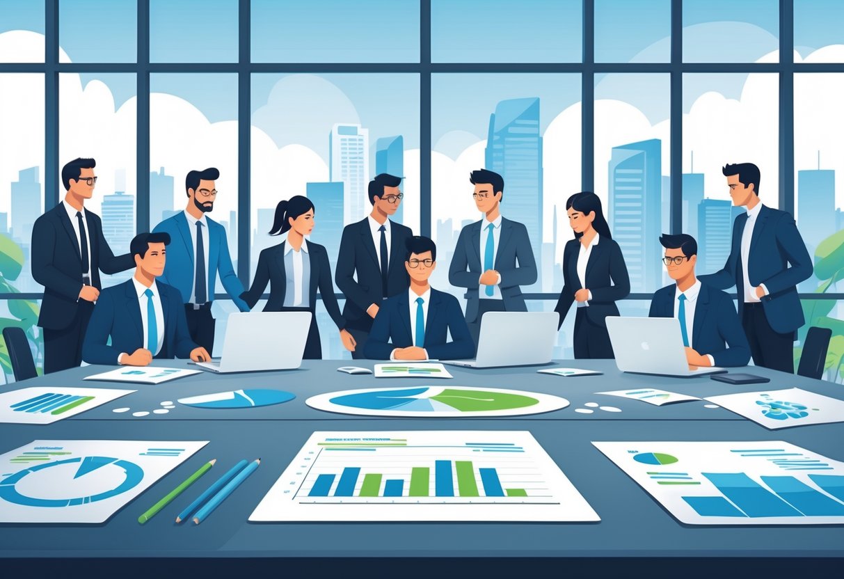 13 Business Development Resume Examples & Guide for 2025: Templates, Tips, and Expert Strategies 1 A group of professionals collaborating around a table with laptops and charts in a modern office with a city skyline in the background.