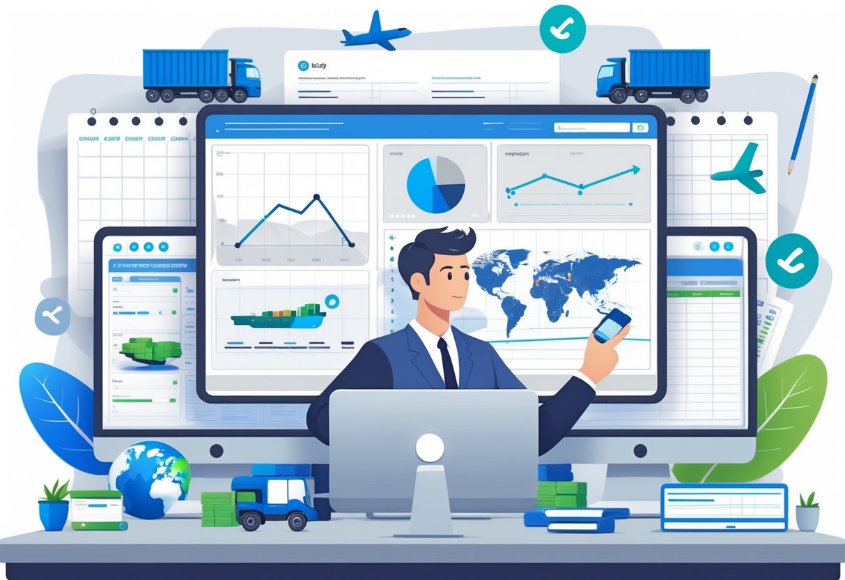 A logistics coordinator reviewing supply chain data on screens with icons of trucks, ships, airplanes, and warehouses in an office setting.