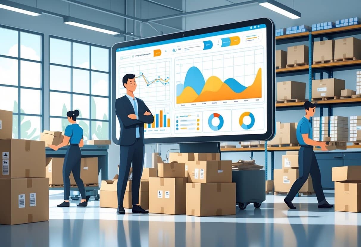 A logistics coordinator standing by a digital dashboard with charts, while workers pack boxes and load delivery trucks in a busy warehouse.