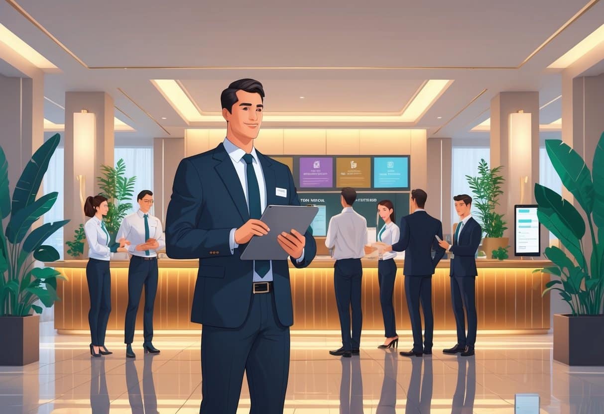 A hotel general manager in a suit interacting with staff and guests in a modern hotel lobby with a reception desk and elegant decor.