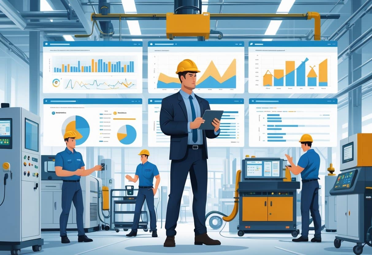 13 Maintenance Manager Resume Examples & Guide for 2025: Proven Templates and Expert Writing Tips 3 A maintenance manager reviewing digital performance data in an industrial facility with technicians working on machines in the background.