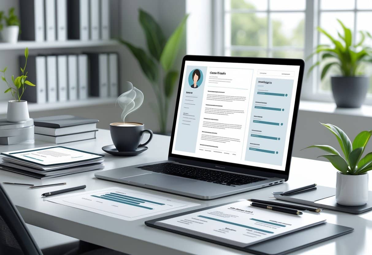 7 Model Resume Examples & Guide for 2025: Stand Out with Proven Templates and Tips 1 A tidy office desk with a laptop showing a resume layout, papers, a pen, a coffee cup, a bookshelf, and a potted plant near a window.