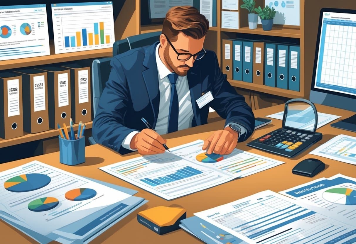 5 Auditor Resume Examples & Guide for 2025: Build a Standout Application for Today’s Job Market 3 An auditor in a business office reviewing financial documents and charts, surrounded by compliance materials and audit tools.