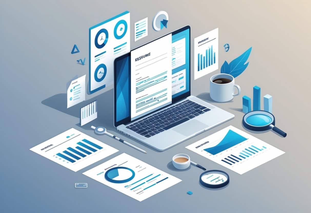 5 Auditor Resume Examples & Guide for 2025: Build a Standout Application for Today’s Job Market 4 A clean workspace with a laptop, papers showing charts, and auditing-related icons representing resume preparation.
