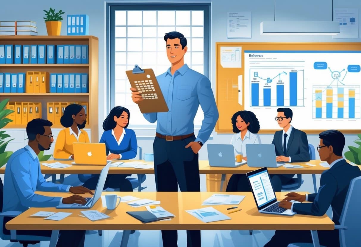 13 Supervisor Resume Examples & Guide for 2025: Templates and Expert Tips for Success 1 A supervisor reviewing a clipboard while team members work together in an office environment with desks, computers, and a whiteboard.