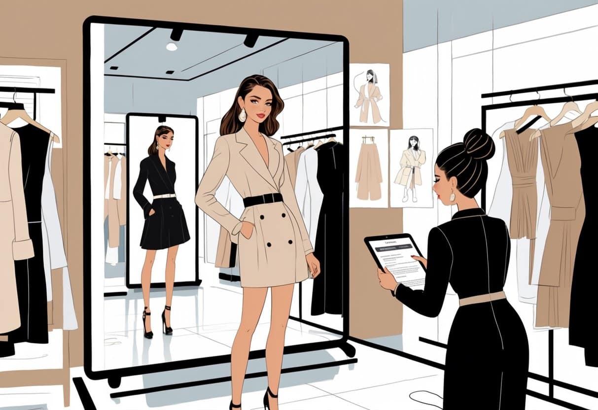 7 Model Resume Examples & Guide for 2025: Stand Out with Proven Templates and Tips 5 A high fashion model standing in a modern dressing room with clothing racks and accessories, while a professional reviews a portfolio on a tablet nearby.