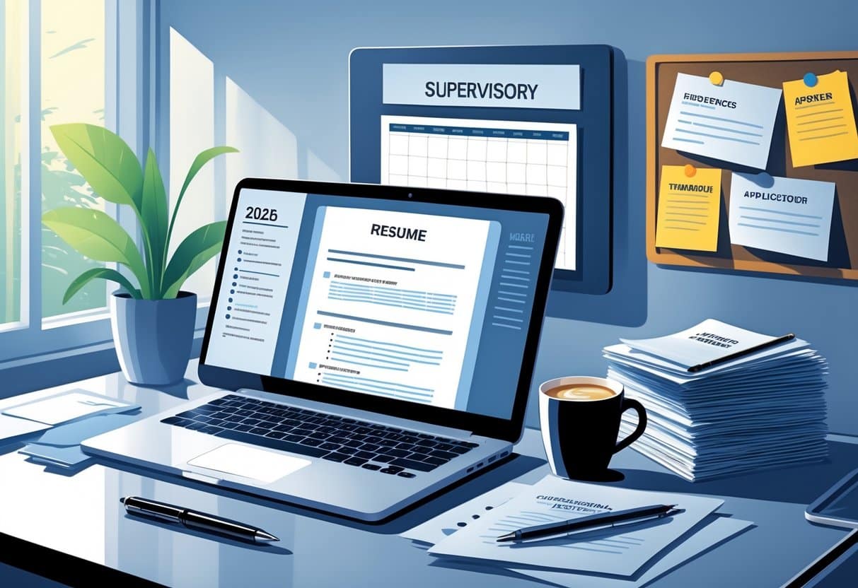 13 Supervisor Resume Examples & Guide for 2025: Templates and Expert Tips for Success 2 A modern workspace with a laptop, papers, coffee cup, and calendar showing the year 2025, focused on resume preparation.