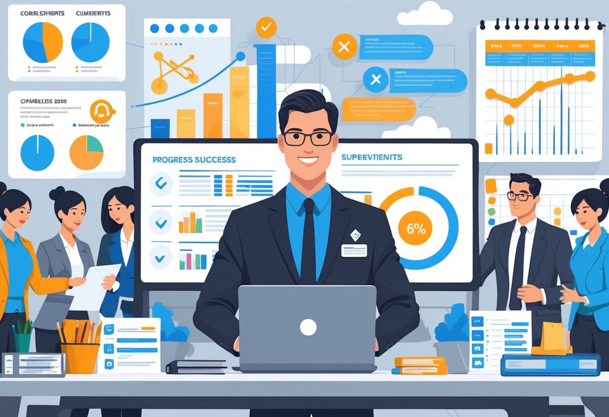 13 Supervisor Resume Examples & Guide for 2025: Templates and Expert Tips for Success 3 A supervisor standing confidently in a modern office with colleagues working in the background and charts showing progress on the desk.